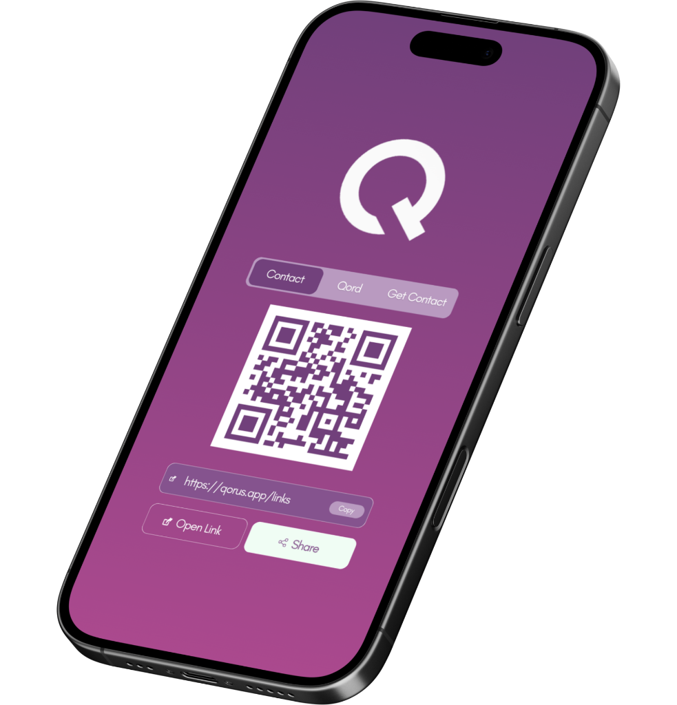 Hand holding a phone displaying a Qorus profile